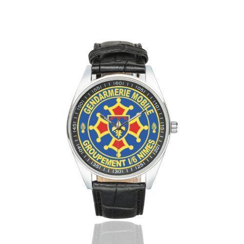 Men's casual watch with a round dial featuring the GGM 1-6 Nimes emblem, silver-tone case and black leather strap.