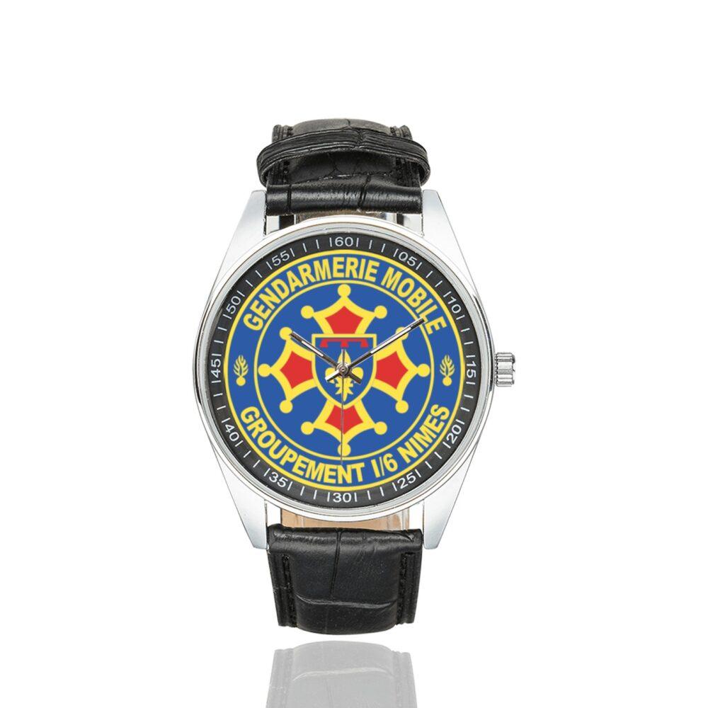 Men's casual watch with a round dial featuring the GGM 1-6 Nimes emblem, silver-tone case and black leather strap.