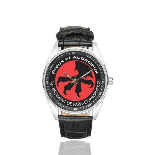 Men's casual watch with a round dial featuring the Belgian 1st Para Commando Regiment emblem, silver-tone case and black leather strap.