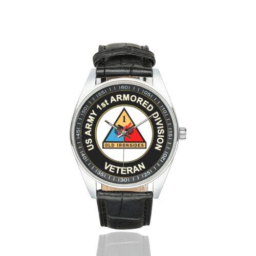 Men's casual watch with a round dial featuring the US Army 1st Armored Division Veteran emblem, silver-tone case and black leather strap.