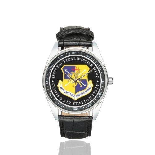 Men's casual watch with a round dial featuring the GLCM 487th Tactical Missile Wing emblem, silver-tone case and black leather strap.