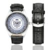 Men's casual watch with a round dial featuring the SNRP emblem, silver-tone case and black leather strap, shown with the strap to the side.