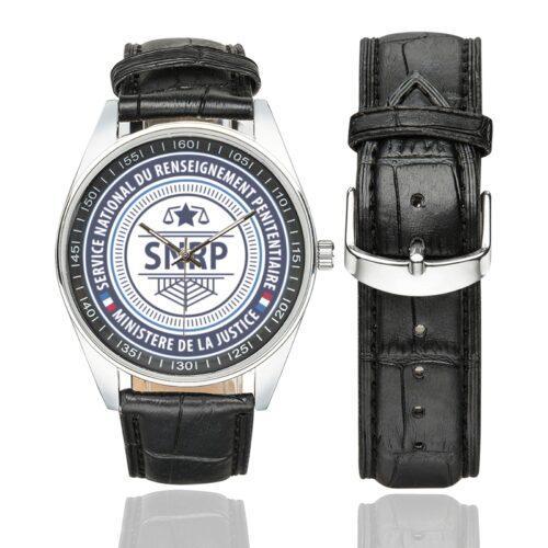 Men's casual watch with a round dial featuring the SNRP emblem, silver-tone case and black leather strap, shown with the strap to the side.