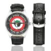 Men's casual watch with a round dial featuring the Italian Joint Strike Fighter Squadron F-35 emblem, silver-tone case and black leather strap, shown with the strap to the side.