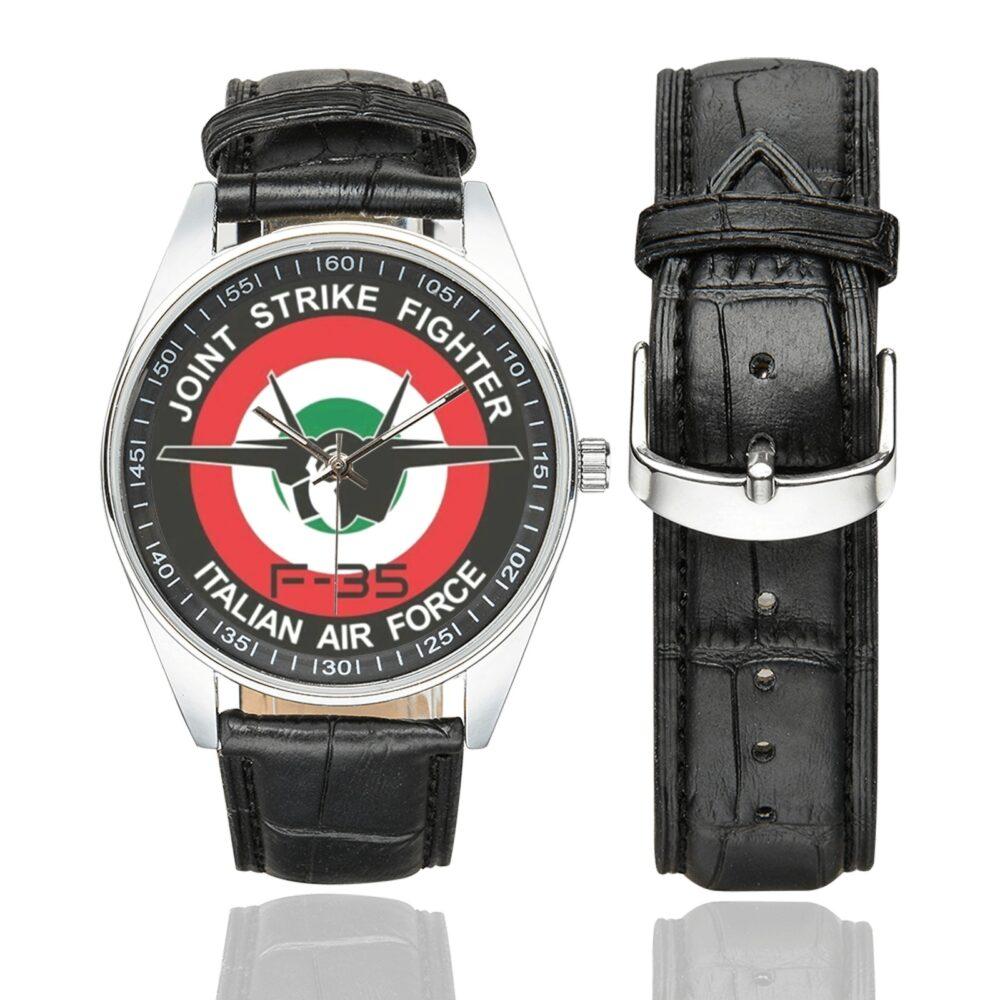 Men's casual watch with a round dial featuring the Italian Joint Strike Fighter Squadron F-35 emblem, silver-tone case and black leather strap, shown with the strap to the side.