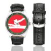 Men's casual watch with a round dial featuring the US 84th Infantry Division emblem, silver-tone case and black leather strap, shown with the strap to the side.