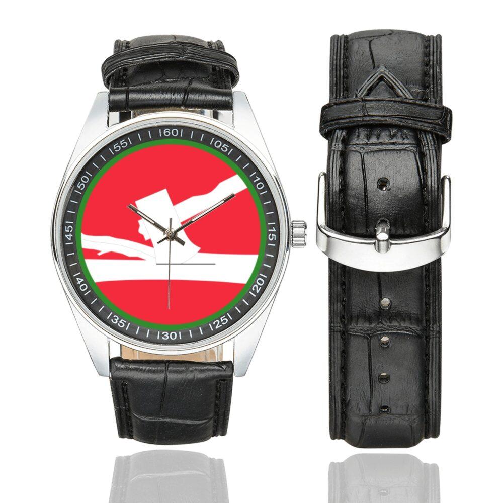 Men's casual watch with a round dial featuring the US 84th Infantry Division emblem, silver-tone case and black leather strap, shown with the strap to the side.