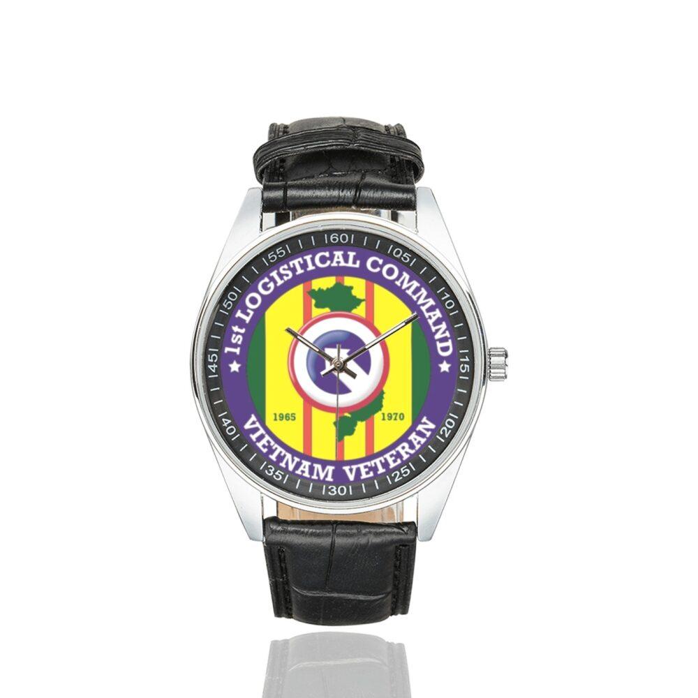 Men's casual watch with a round dial featuring the US Army 1st Logistical Command Vietnam Veteran emblem, silver-tone case and black leather strap.
