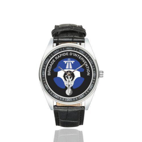 Men's casual watch with a round dial featuring the BRI emblem, silver-tone case and black leather strap.