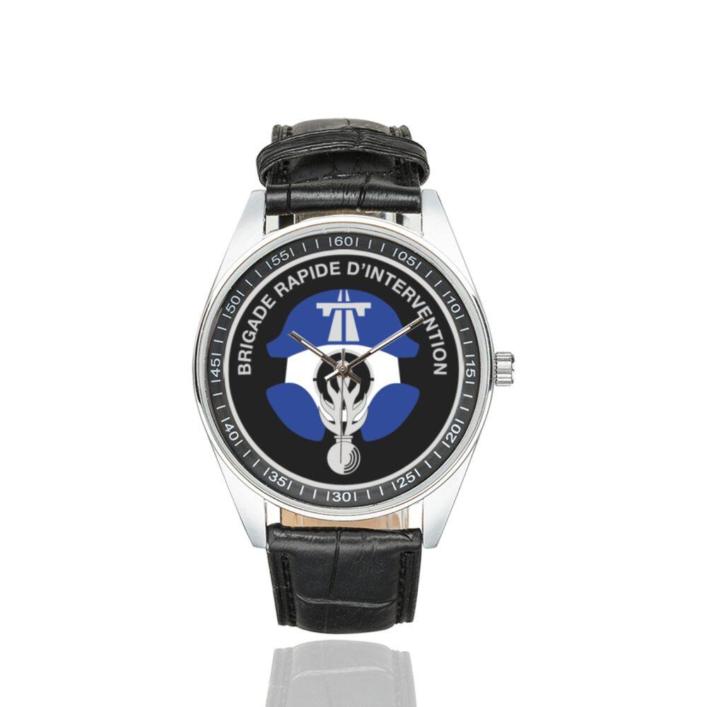 Men's casual watch with a round dial featuring the BRI emblem, silver-tone case and black leather strap.