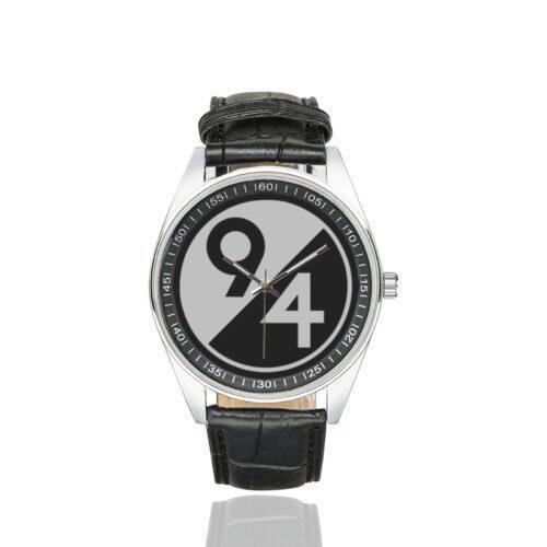 Men's casual watch with a round dial featuring the 94th Regional Readiness Command SSI emblem, silver-tone case and black leather strap.