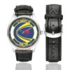 Men's casual watch with a round dial featuring the USAF 1st Airlift Squadron- emblem, silver-tone case and black leather strap, shown with the strap to the side.