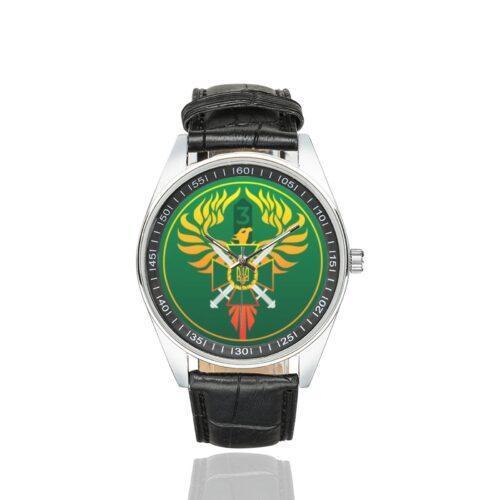Men's casual watch with a round dial featuring the Ukraine 3rd Border Detachment Pomsta Brigade emblem, silver-tone case and black leather strap.