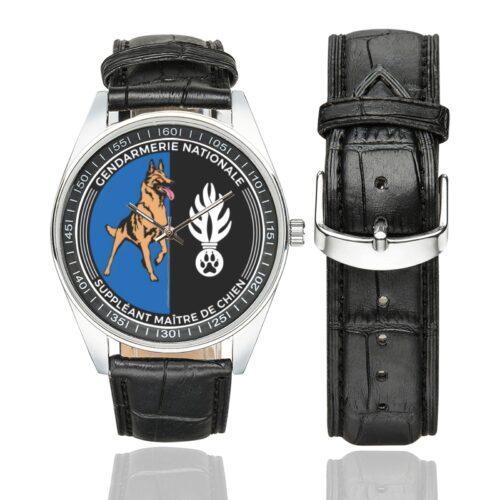 Men's casual watch with a round dial featuring the Gendarmerie suppléant maitre chien emblem, silver-tone case and black leather strap, shown with the strap to the side.