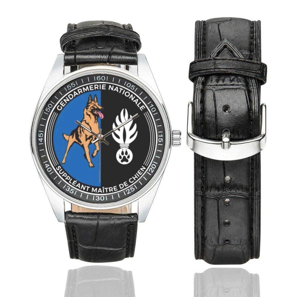 Men's casual watch with a round dial featuring the Gendarmerie suppléant maitre chien emblem, silver-tone case and black leather strap, shown with the strap to the side.