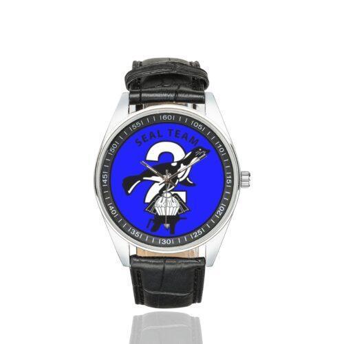 Men's casual watch with a round dial featuring the SEAL Team 2 emblem, silver-tone case and black leather strap.