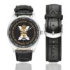 Men's casual watch with a round dial featuring the Black Watch Scotland Military emblem, silver-tone case and black leather strap, shown with the strap to the side.