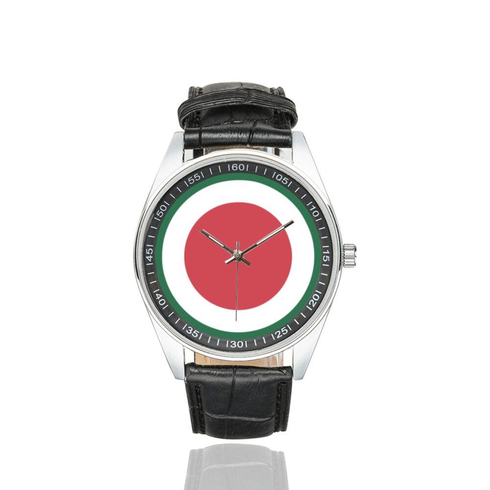 Men's casual watch with a round dial featuring the 37th Infantry Division SSI emblem, silver-tone case and black leather strap.