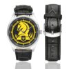 Men's casual watch with a round dial featuring the Ukraine 47th Mechanized Brigade Magura emblem, silver-tone case and black leather strap, shown with the strap to the side.
