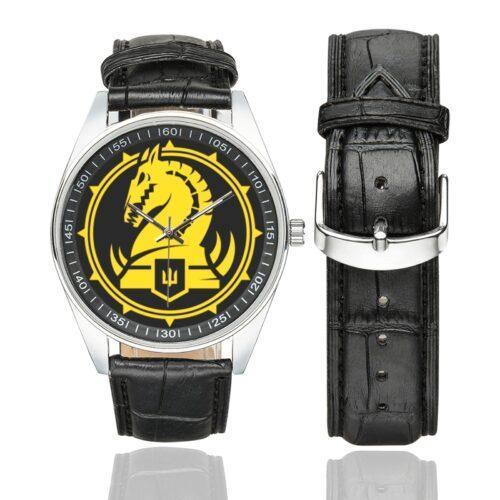 Men's casual watch with a round dial featuring the Ukraine 47th Mechanized Brigade Magura emblem, silver-tone case and black leather strap, shown with the strap to the side.