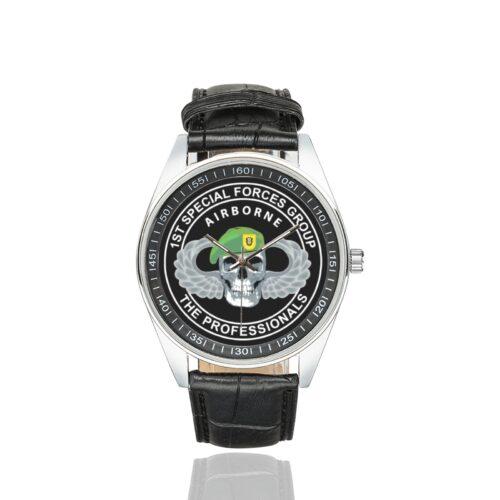 Men's casual watch with a round dial featuring the 1st-special-forces emblem, silver-tone case and black leather strap.