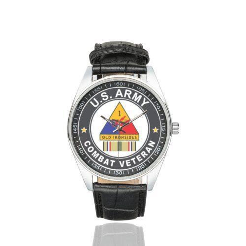 Men's casual watch with a round dial featuring the US Army 1st Armored Division Desert Storm Combat Veteran emblem, silver-tone case and black leather strap.