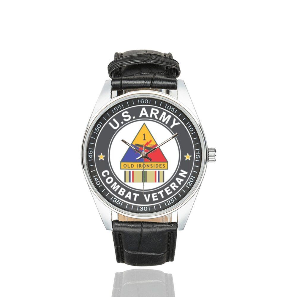 Men's casual watch with a round dial featuring the US Army 1st Armored Division Desert Storm Combat Veteran emblem, silver-tone case and black leather strap.