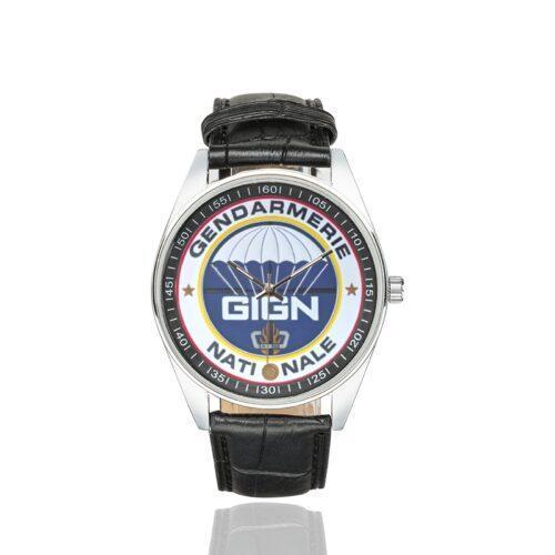 Men's casual watch with a round dial featuring the GIGN emblem, silver-tone case and black leather strap.