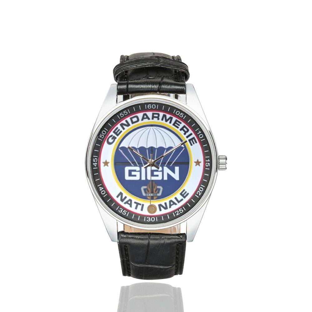 Men's casual watch with a round dial featuring the GIGN emblem, silver-tone case and black leather strap.
