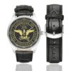 Men's casual watch with a round dial featuring the CIA Clandestine Operations emblem, silver-tone case and black leather strap, shown with the strap to the side.
