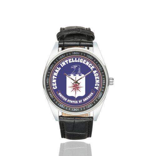 Men's casual watch with a round dial featuring the CIA emblem, silver-tone case and black leather strap.