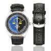 Men's casual watch with a round dial featuring the SR OPJ emblem, silver-tone case and black leather strap, shown with the strap to the side.