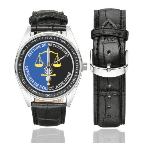 Men's casual watch with a round dial featuring the SR OPJ emblem, silver-tone case and black leather strap, shown with the strap to the side.