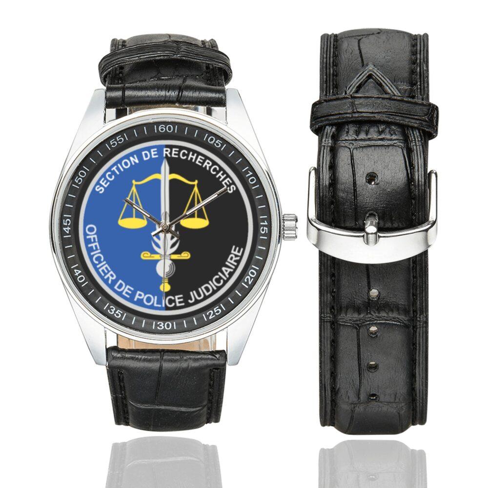Men's casual watch with a round dial featuring the SR OPJ emblem, silver-tone case and black leather strap, shown with the strap to the side.