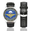 Men's casual watch with a round dial featuring the Commando Marine Ponchardier emblem, silver-tone case and black leather strap, shown with the strap to the side.