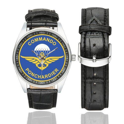 Men's casual watch with a round dial featuring the Commando Marine Ponchardier emblem, silver-tone case and black leather strap, shown with the strap to the side.