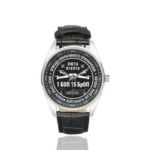 Men's casual watch with a round dial featuring the Kara-Dag Brigade 1st Battalion of Operational Assignment emblem, silver-tone case and black leather strap.