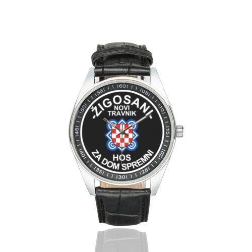Men's casual watch with a round dial featuring the Croatian Defence Forces emblem, silver-tone case and black leather strap.