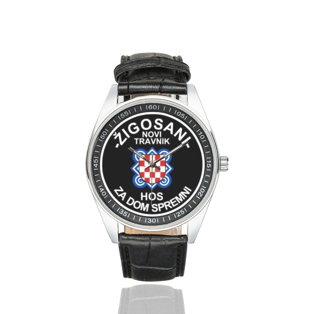 Men's casual watch with a round dial featuring the Croatian Defence Forces emblem, silver-tone case and black leather strap.