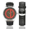Men's casual watch with a round dial featuring the 85th Division SSI emblem, silver-tone case and black leather strap, shown with the strap to the side.