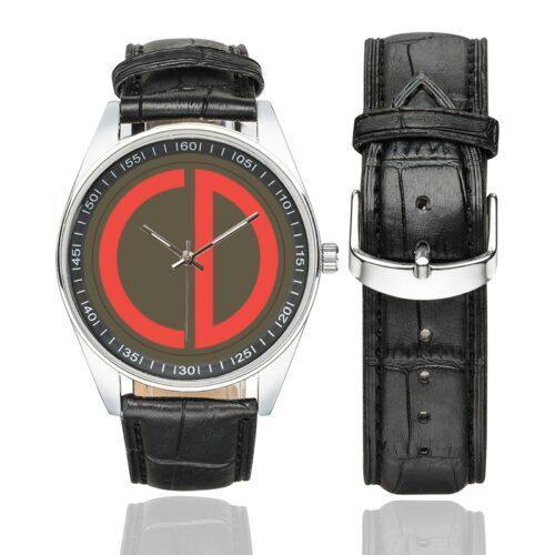 Men's casual watch with a round dial featuring the 85th Division SSI emblem, silver-tone case and black leather strap, shown with the strap to the side.