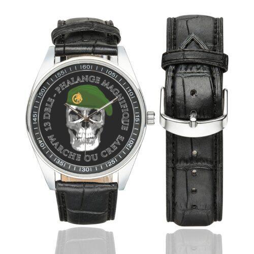 Men's casual watch with a round dial featuring the 13 DBLE Foreign Legion emblem, silver-tone case and black leather strap, shown with the strap to the side.