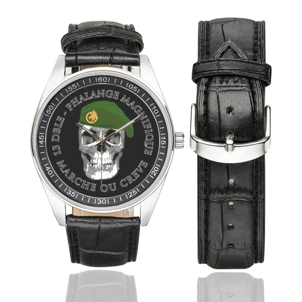 Men's casual watch with a round dial featuring the 13 DBLE Foreign Legion emblem, silver-tone case and black leather strap, shown with the strap to the side.