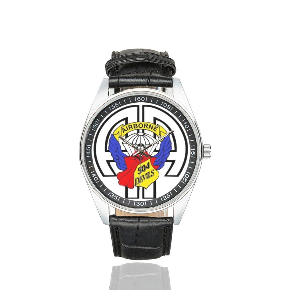 Men's casual watch with a round dial featuring the US Army 504th Parachute Infantry Regt. emblem, silver-tone case and black leather strap.
