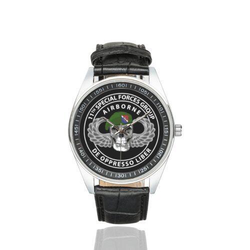 Men's casual watch with a round dial featuring the 11th Special Forces Group emblem, silver-tone case and black leather strap.