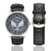 Men's casual watch with a round dial featuring the Mexican Federal Police Narcotics Division emblem, silver-tone case and black leather strap, shown with the strap to the side.