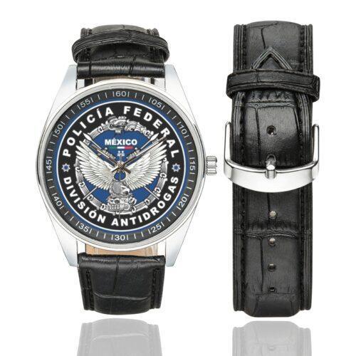Men's casual watch with a round dial featuring the Mexican Federal Police Narcotics Division emblem, silver-tone case and black leather strap, shown with the strap to the side.