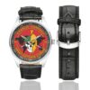Men's casual watch with a round dial featuring the Ukraine 1st Battalion International Legion Charlie Company emblem, silver-tone case and black leather strap, shown with the strap to the side.