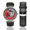 Men's casual watch with a round dial featuring the USAF 131st Fighter Squadron Masshole Eagle Driver emblem, silver-tone case and black leather strap, shown with the strap to the side.