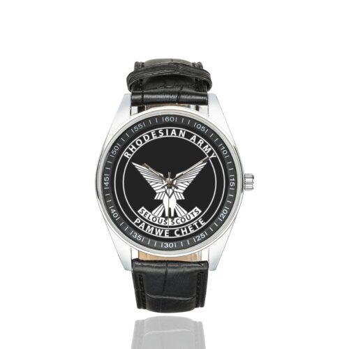 Men's casual watch with a round dial featuring the Selous Scouts Rhodesian Special Forces emblem, silver-tone case and black leather strap.